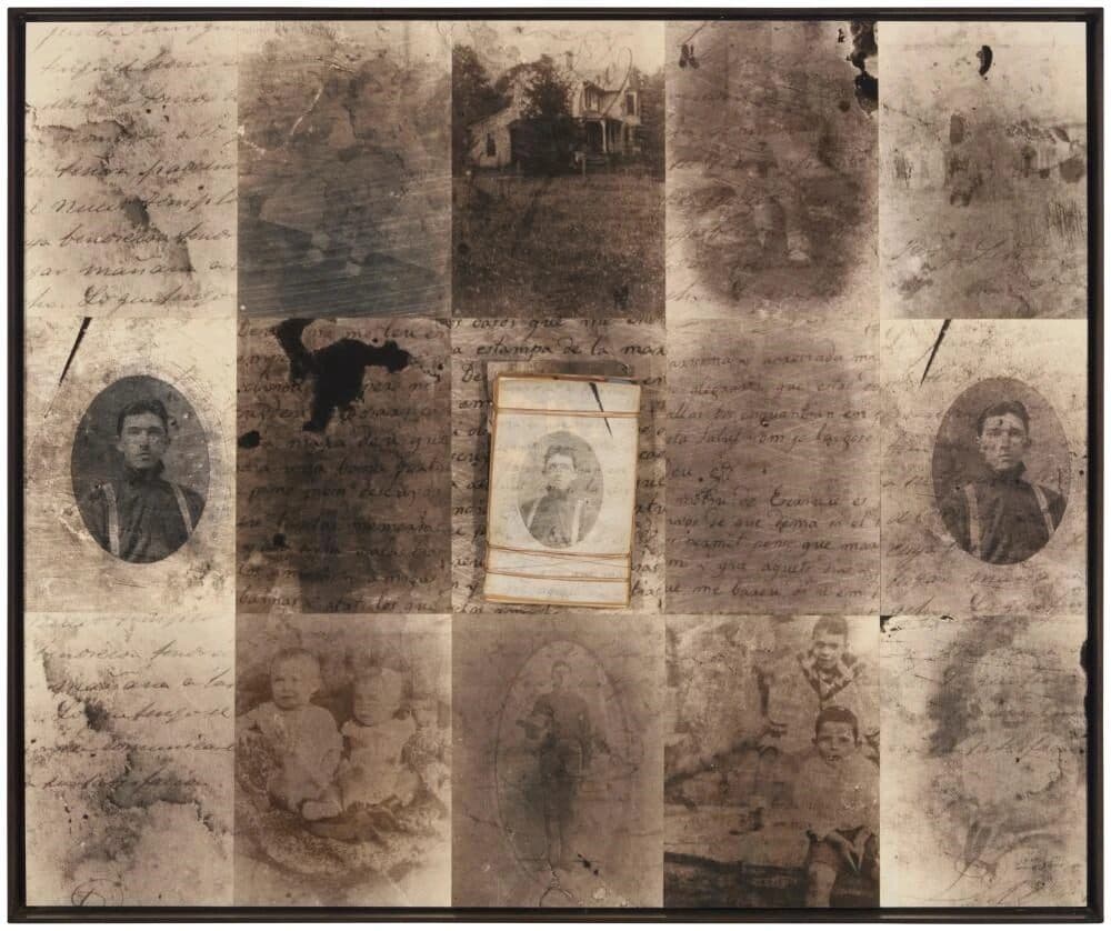 Cartas de América de Jose Fors - Mixed media collage including gelatin silver print, paper, and twine on board, 1999