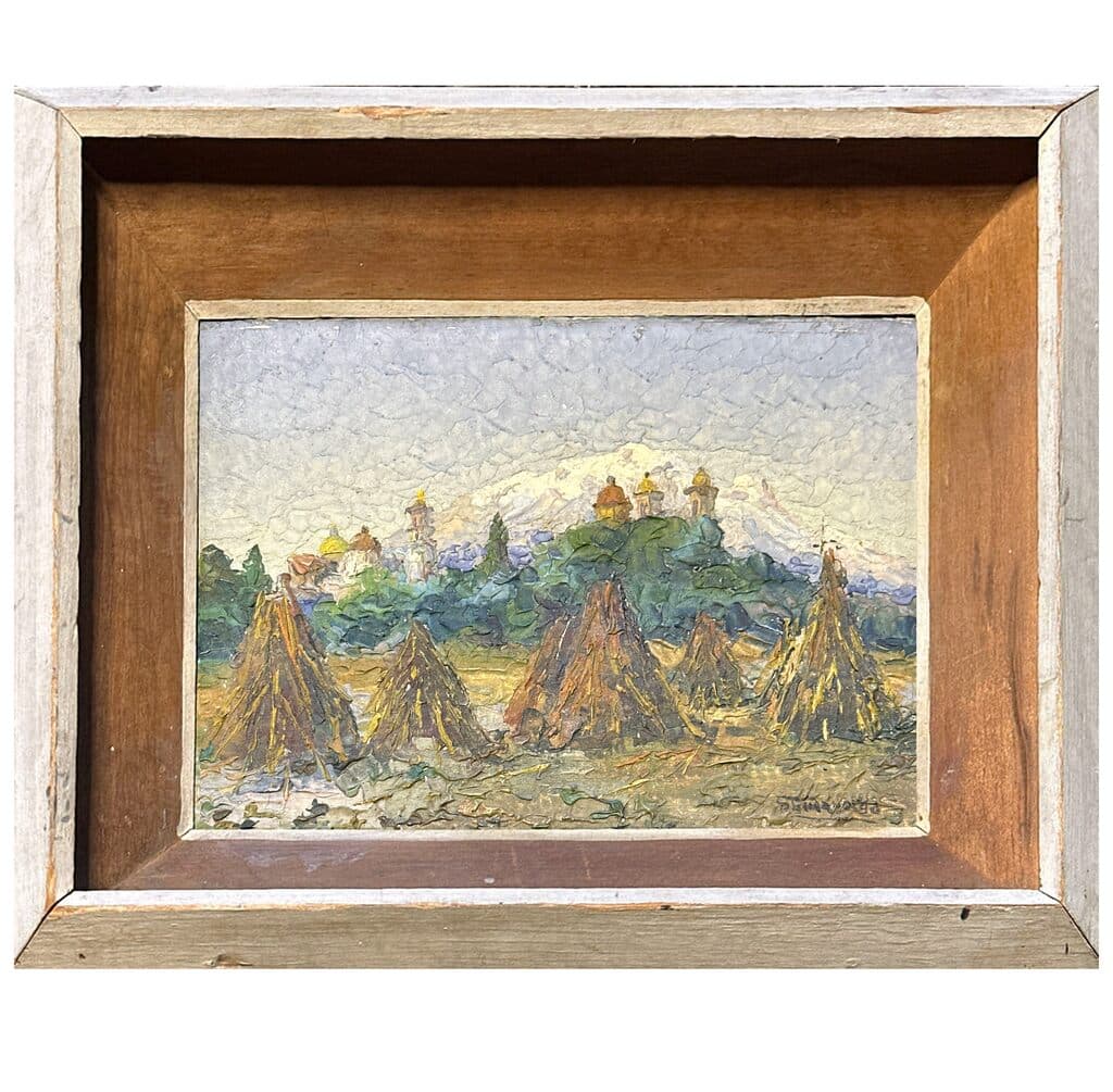 Landscape with haystacks de Guillermo Gómez Mayorga - Oil on cardboard, 1940s