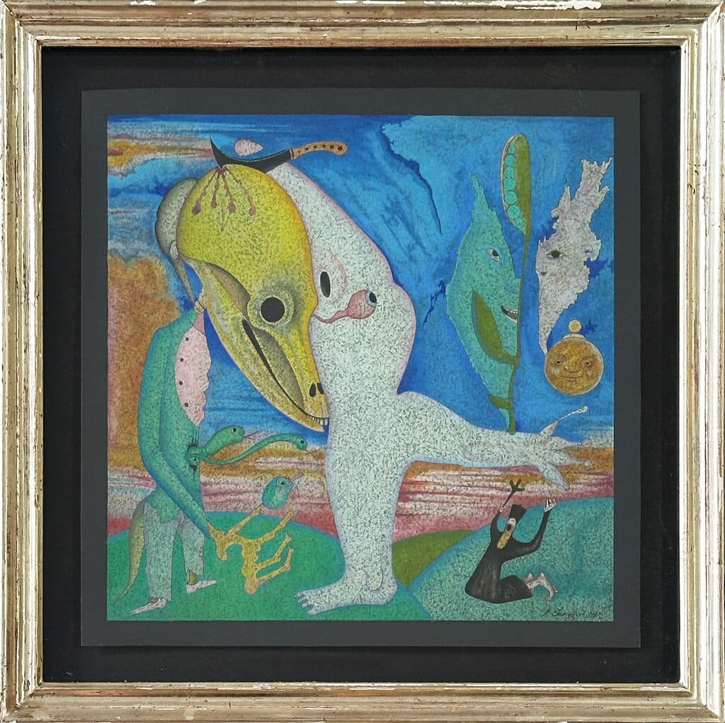 Untitled, Figures Against a Blue and Green Landscape de Mihail Chemiakin - Mixed media drawing, gouache, pen/paper, 1981