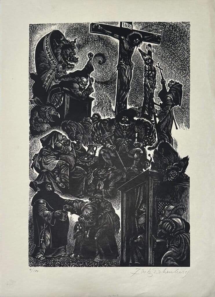 The Follies of the Monks de Fritz Eichenberg - Wood engraving on paper, 1972