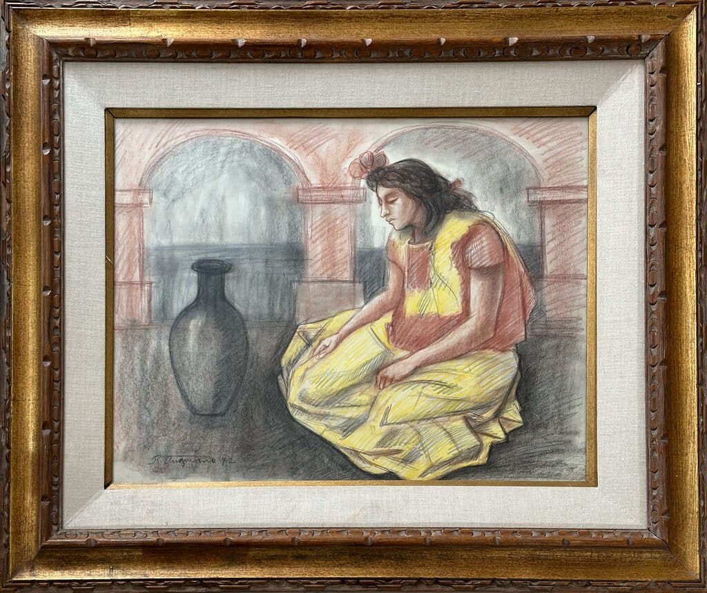 Sitting Girl with Black Vase de Raúl Anguiano - Pastel on paper, 1972