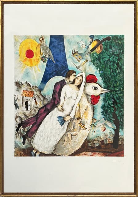 Los Novios en la Torre Eiffel de Marc Chagall