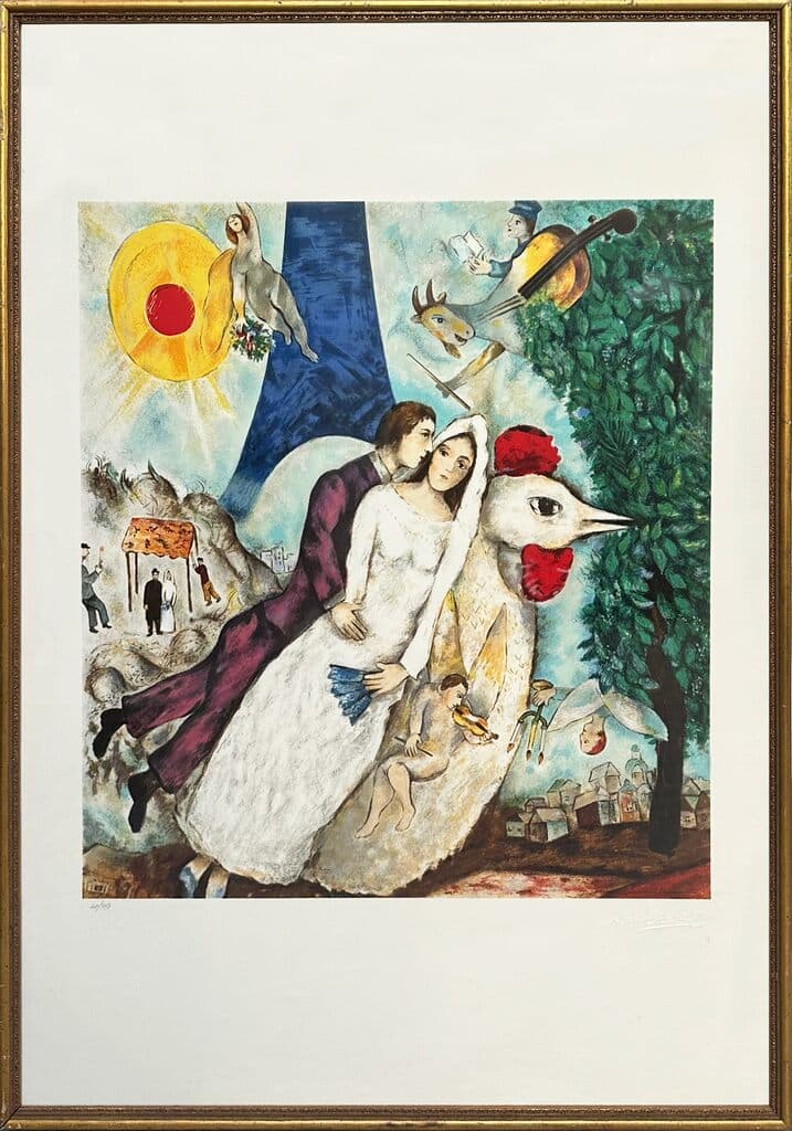 Los Novios en la Torre Eiffel de Marc Chagall - Posthumous original lithograph, 1994