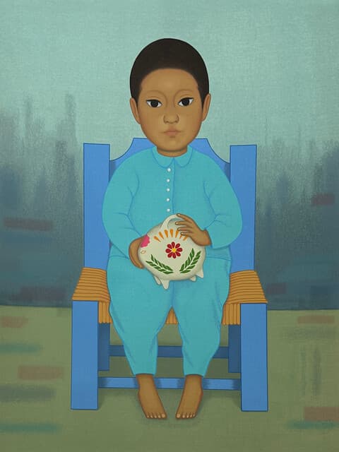 Niño con Cochinito de Gustavo Montoya