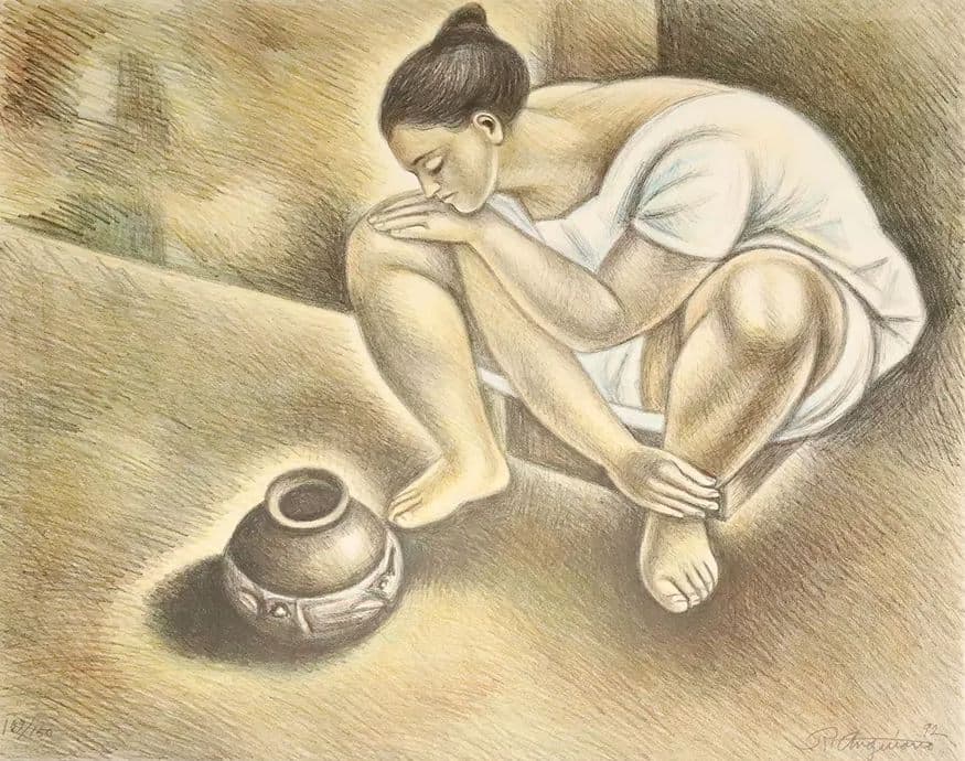 Woman looking at a vase de Raúl Anguiano - Lithograph, 1992