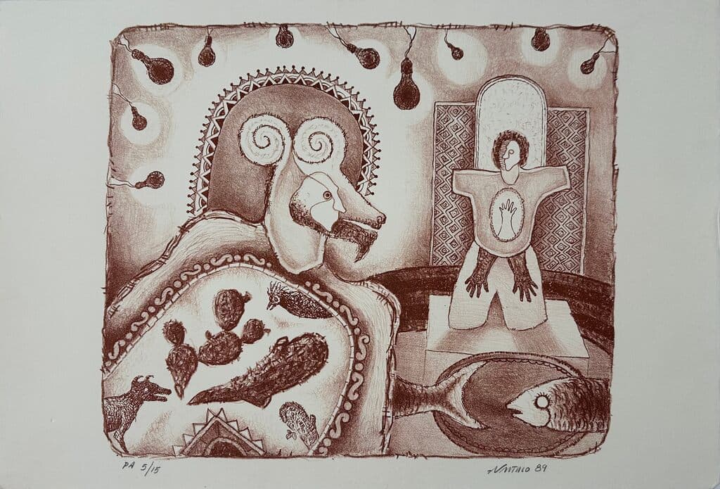Personaje con pescado de Álvaro Santiago - Etching, 1989