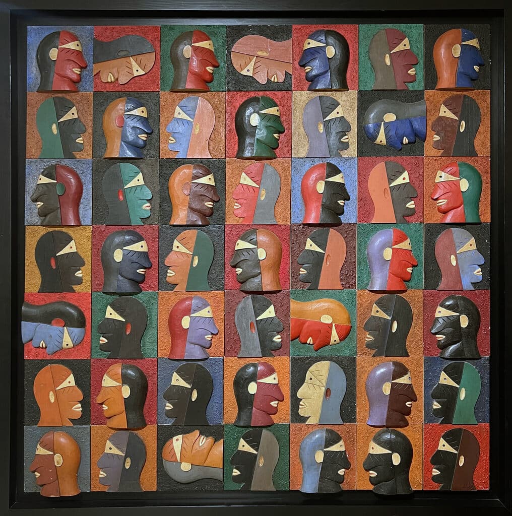 Composition de Javier Arevalo - Hand Carved Wood and Oil Painting, 2003