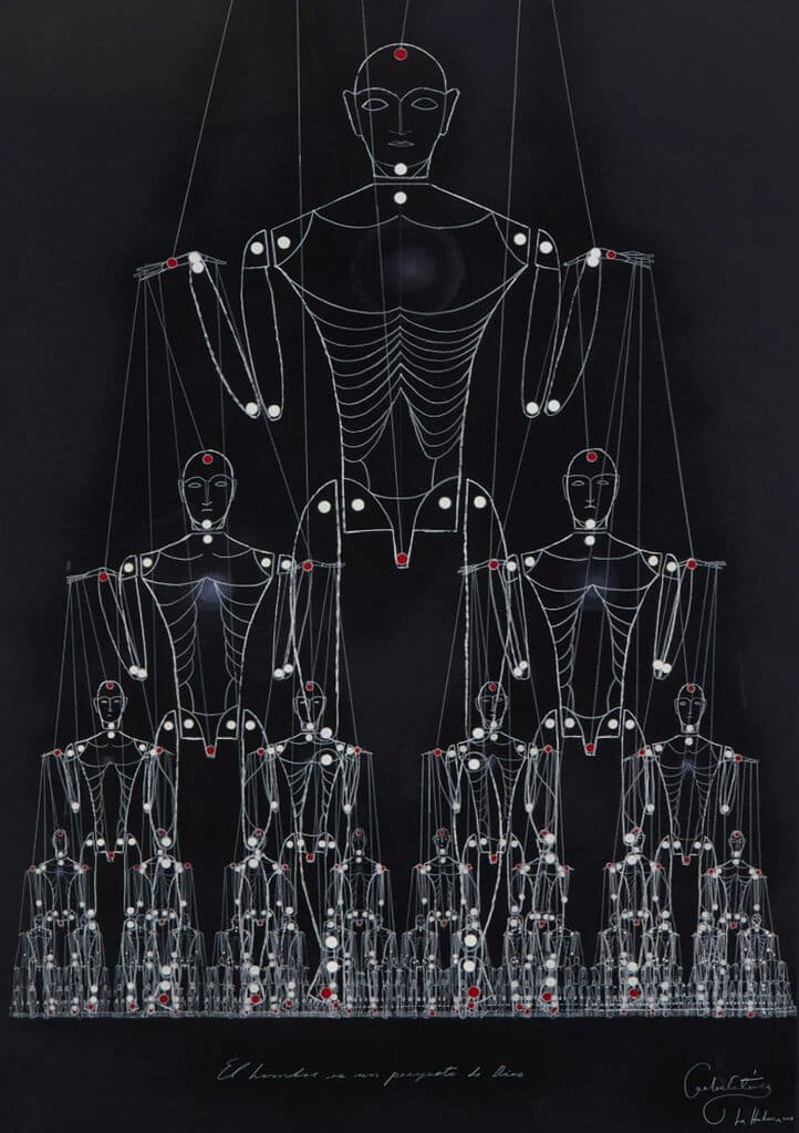 El Hombre es un Proyecto de Dios de Carlos Estévez - Mixed media on black paper, 2001