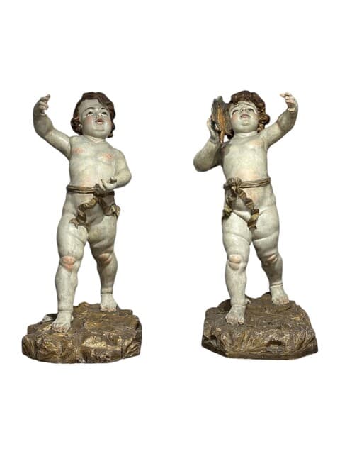 Pair of Italian Hand-Painted Putti Statues de Unknown Artist