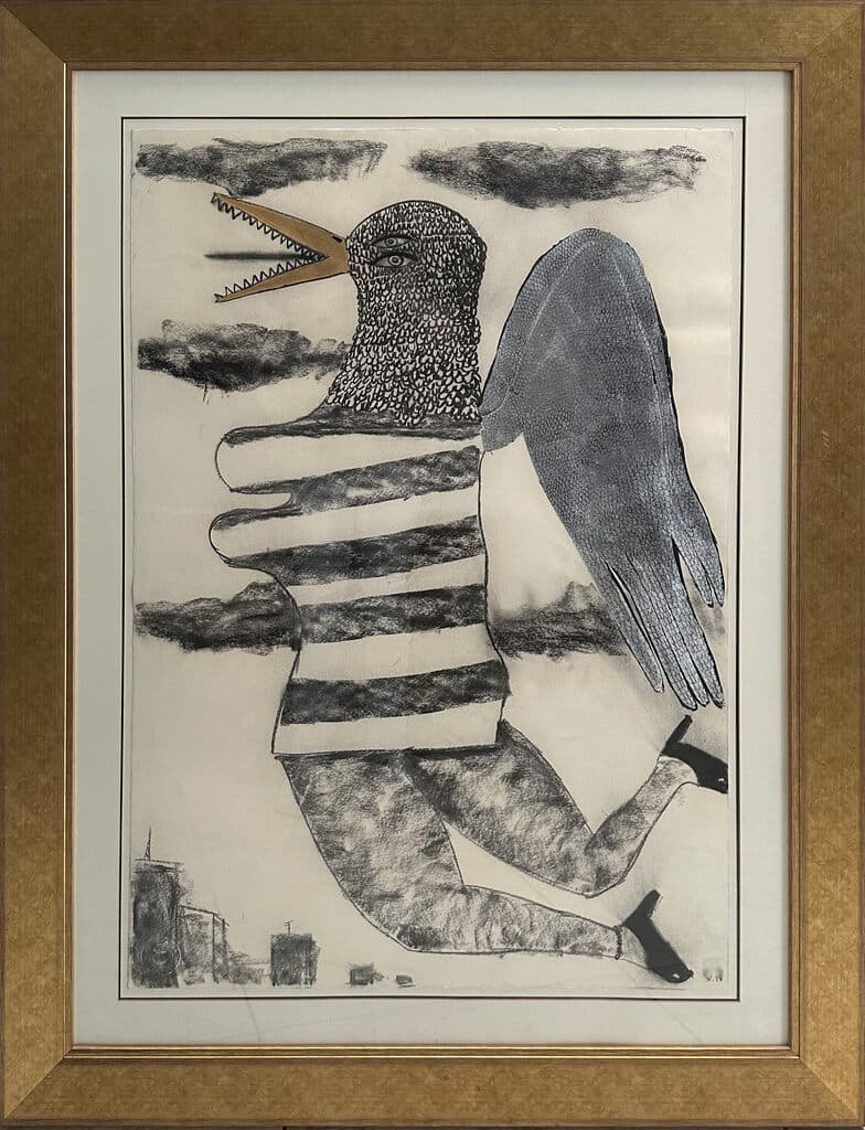 El Pájaro de los Deseos de Víctor Hugo Pérez - Charcoal and silver leaf on paper, 2017
