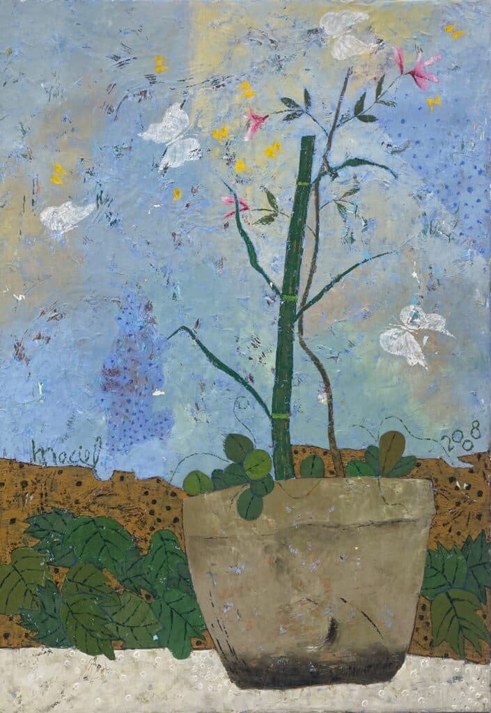 Maceta con Flores y Mariposas de Leonel Maciel - Oil on canvas, 2008