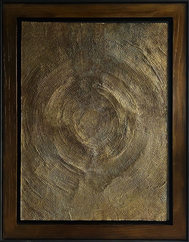 Mensaje de Mathias Goeritz - Perforated Golden Metal Sheet on Wood, Circa 1965