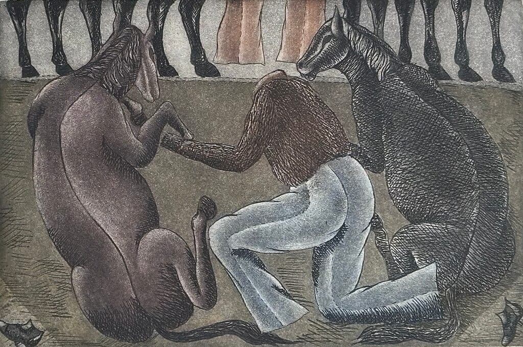 Entre las Patas de los Caballos de Juan Alcazar Mendez - Engraving, 1985