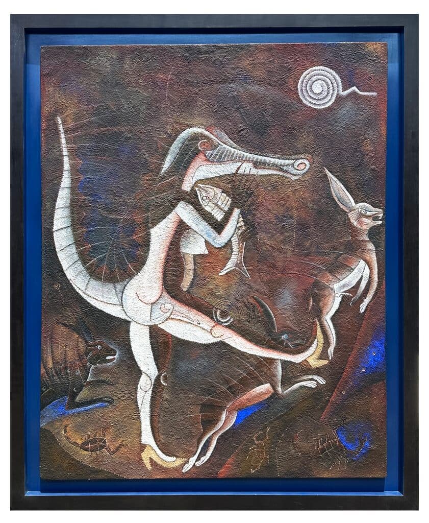 Pateando al Conejo de Francisco Toledo - Oil and sand on canvas, 1978