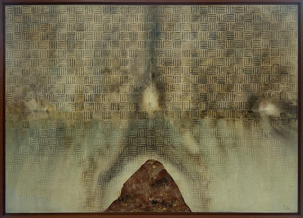 Montaña y Huacales de Víctor Guadalajara - Encaustic on cotton, 2025