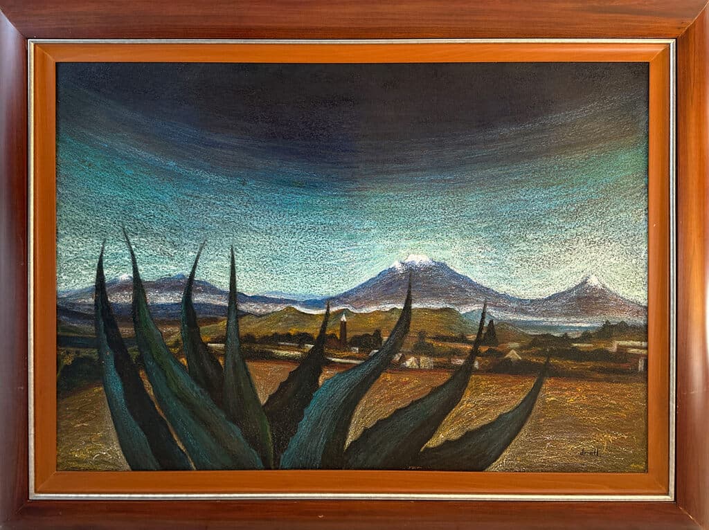 Paisaje Atardeciendo de Dr. Atl - Colors on wood, ca. 1948