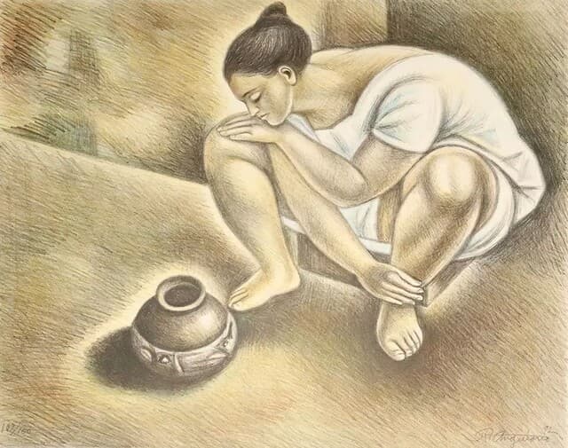 Woman looking at a vase de Raúl Anguiano